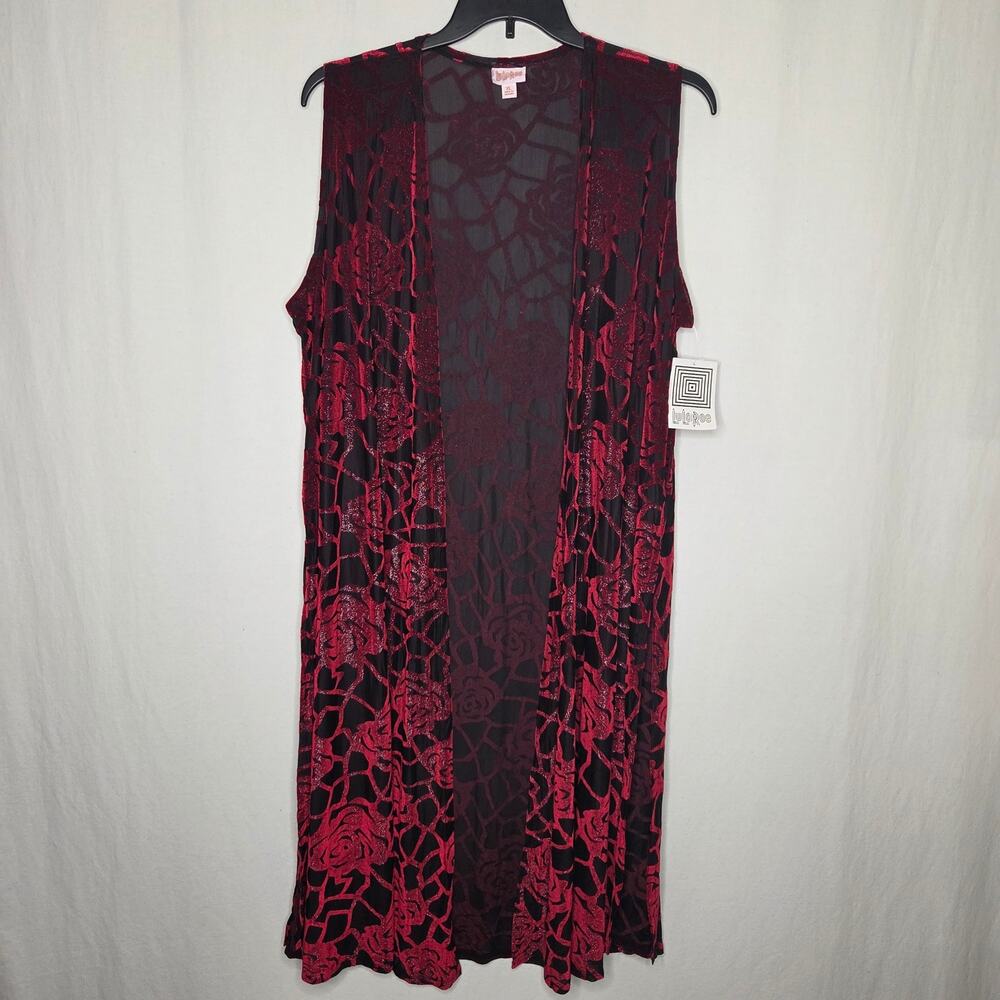 LuLaRoe Elegant Joy Red Velvet Rose Shimmer Long Cardigan Vest Duster NWT XL